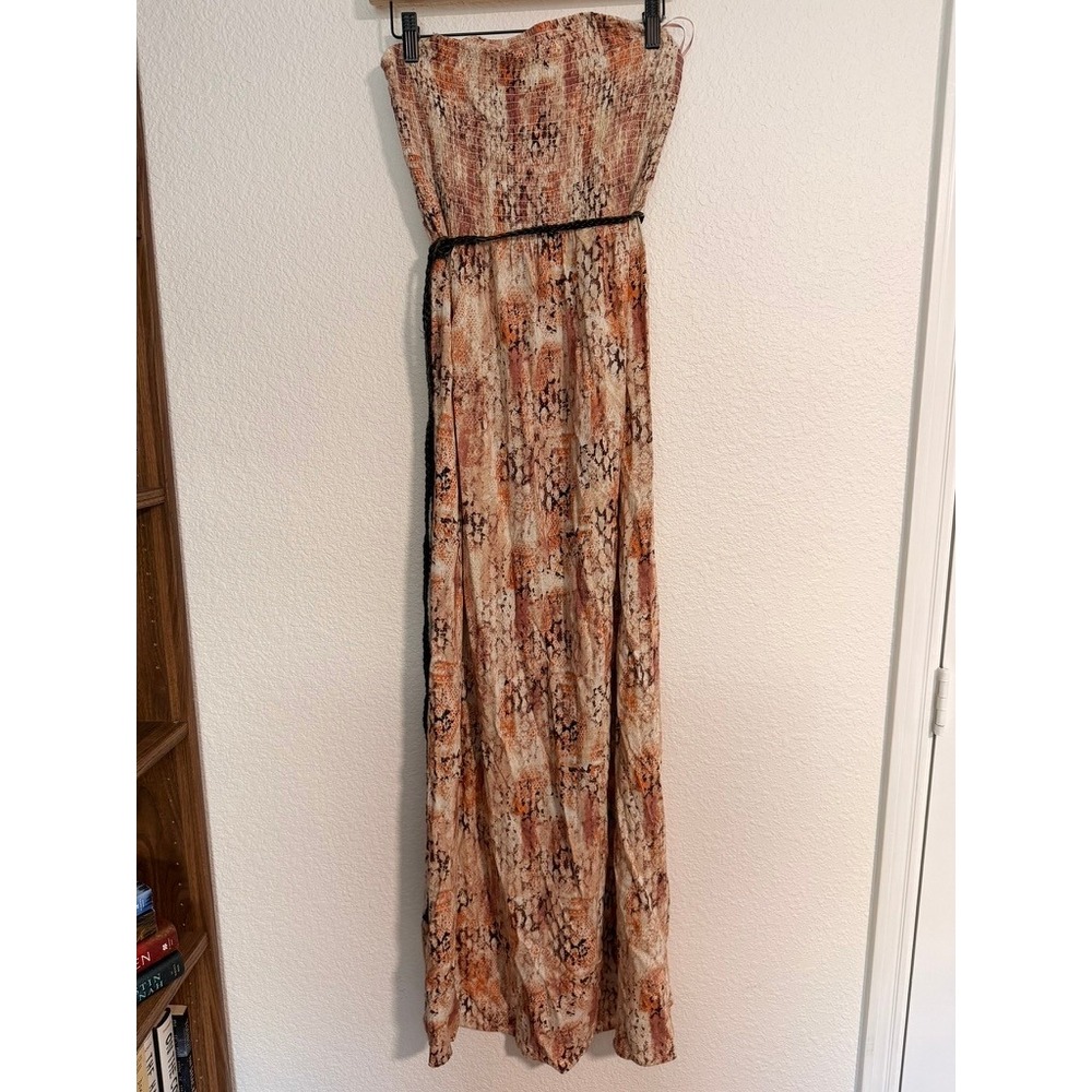 Mudd Womens XL Strapless Smocked Maxi Dress Orange Snakeskin Braided Belt Y2K